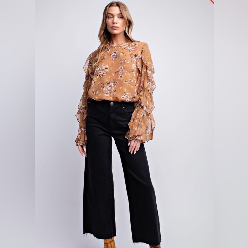 Easel Floral Tan Blouse NWT
